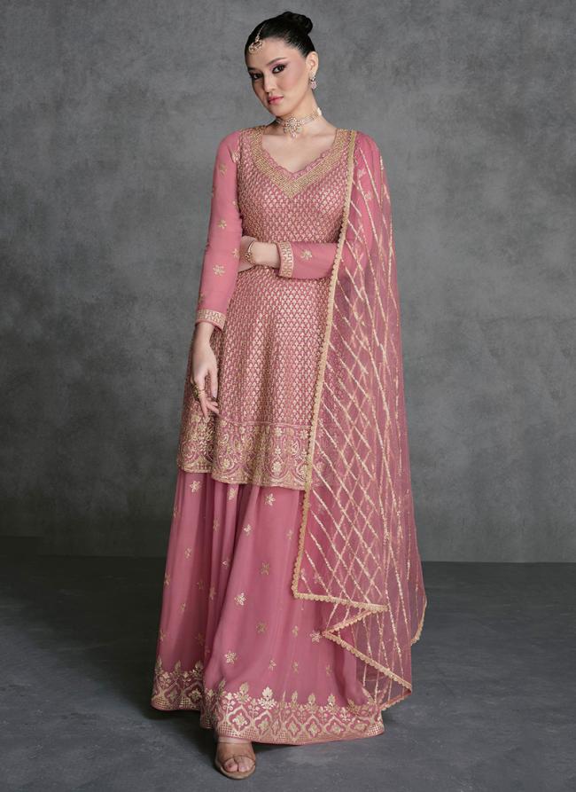 Real Georgette Light Pink Wedding Wear Embroidery Work Readymade Plazzo Suit